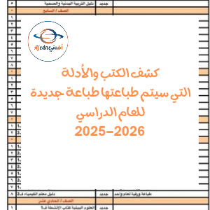 كشف الكتب والأدلة التي سيتم طباعتها طباعة جديدة وإحلال بعض الكتب عوضاً عنها 2025-2026 كشف الكتب والأدلة التي سيتم طباعتها طباعة جديدة وإحلال بعض الكتب عوضاً عنها 2025-2026